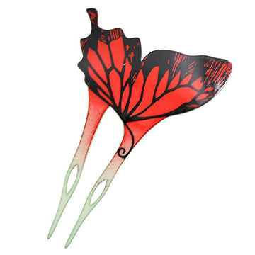 Acrylic 2-Prong Geisha Butterfly Hair Stick Fork Green Back Red